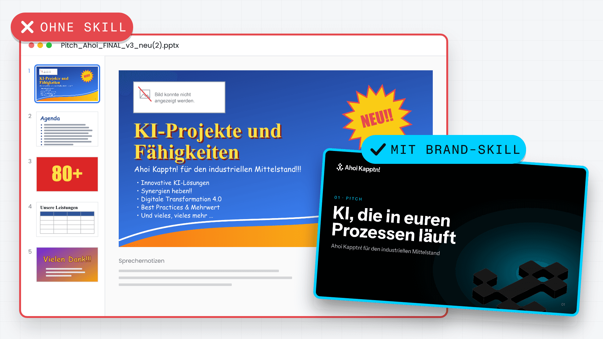 Vorher und nachher: ein überladenes Pitch-Deck mit Comic Sans, Verlauf und „NEU!!“-Stern im Präsentationsprogramm, markiert mit „Ohne Skill“. Davor dieselbe Titelfolie im Ahoi-Kapptn!-Layout, markiert mit „Mit Brand-Skill“.